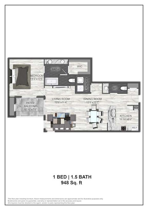 Floor plan for 1 bed, 1.5 baths, 948 sqft